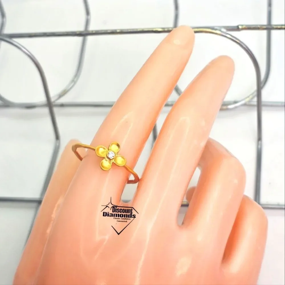 Four Petal Flower Gold Stacker Ring with Natural White Topaz Stone on 18K Gold